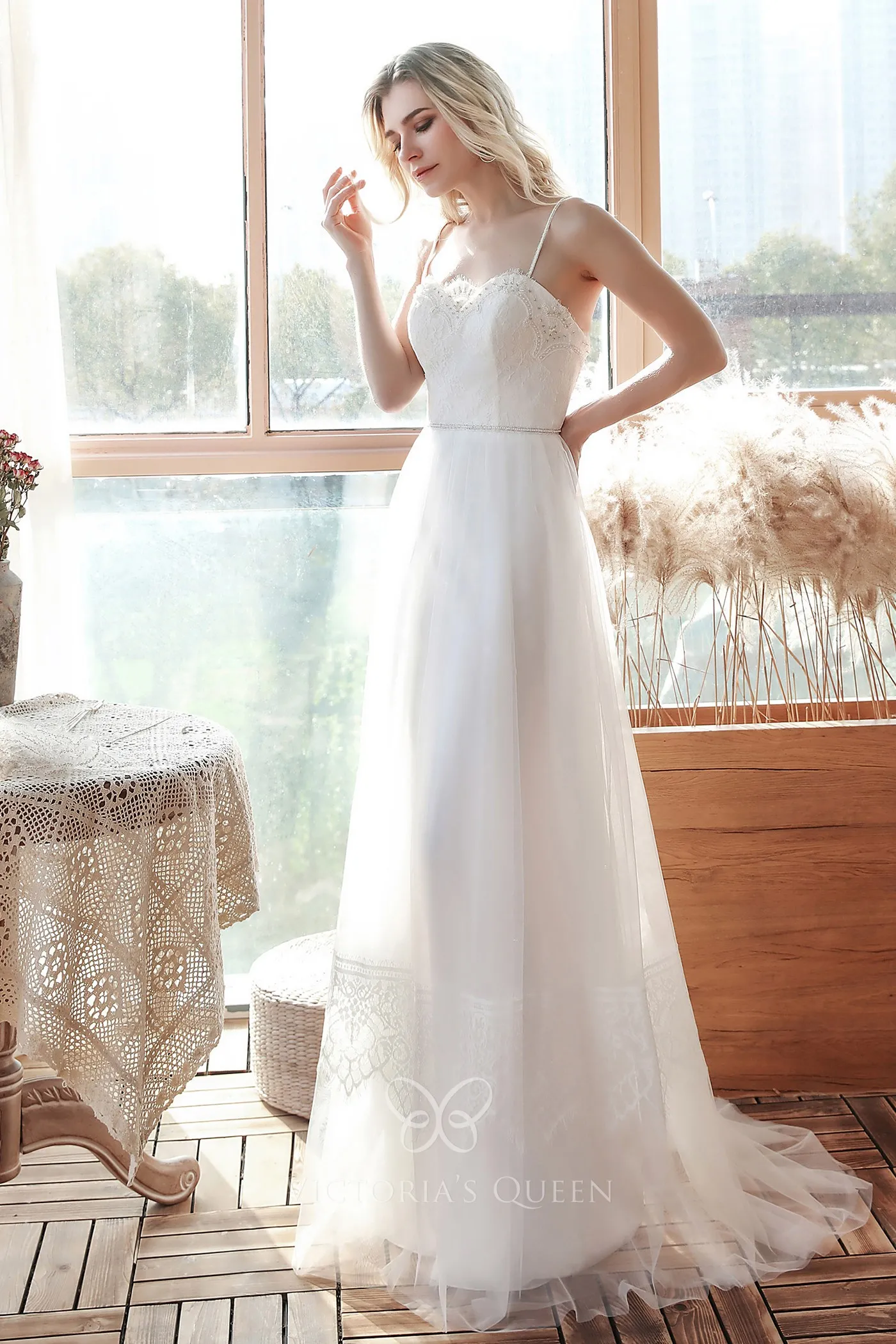 Beaded Sweetheart Spaghetti Straps Aline Spring Bridal Gown VQ