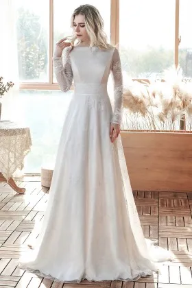 modern boat neck long sleeve open back fall wedding gown