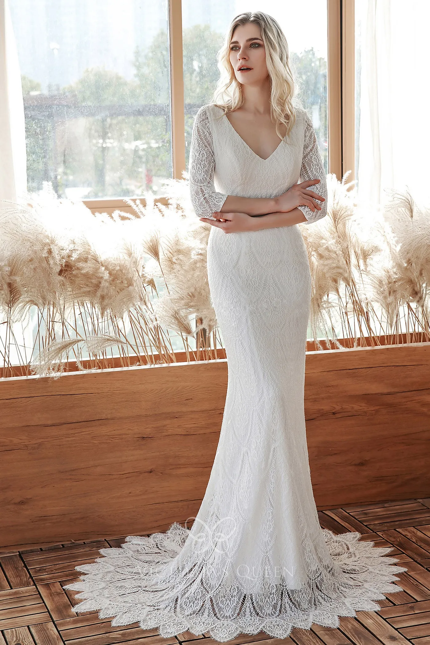 Scalloped Lace Train 3/4 Sleeve Mermaid Boho Wedding Dress - VQ