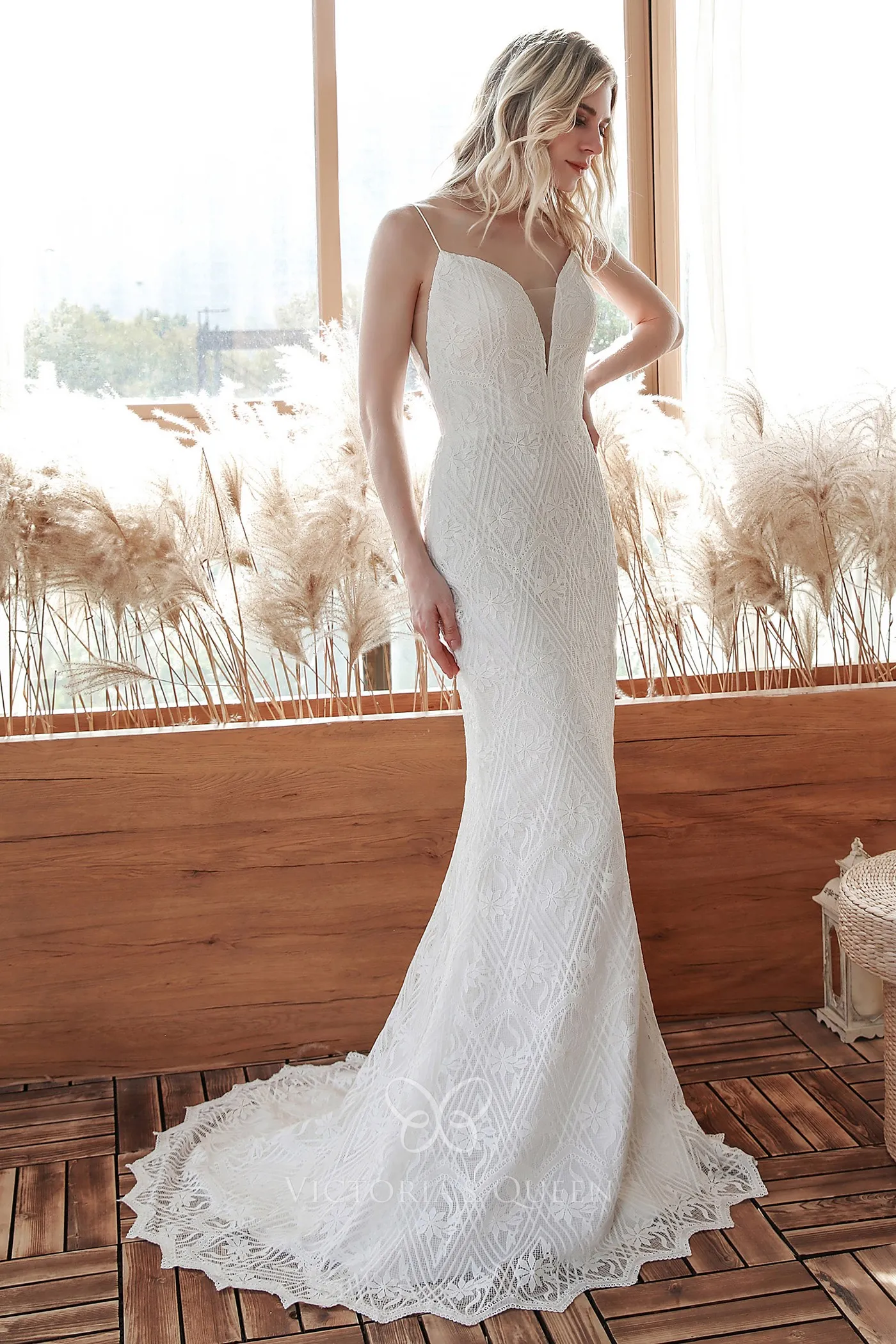 ivory patterned lace plunging neck mermaid wedding dress ivory patterned lace plunging neck mermaid wedding dress