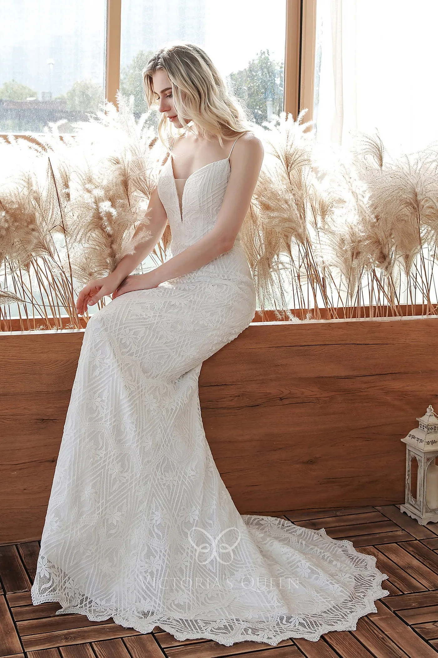 patterned lace plunge neck mermaid boho wedding dress patterned lace plunge neck mermaid boho wedding dress