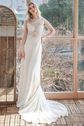 lace appliqued satin illusion a line bohemian bridal dress