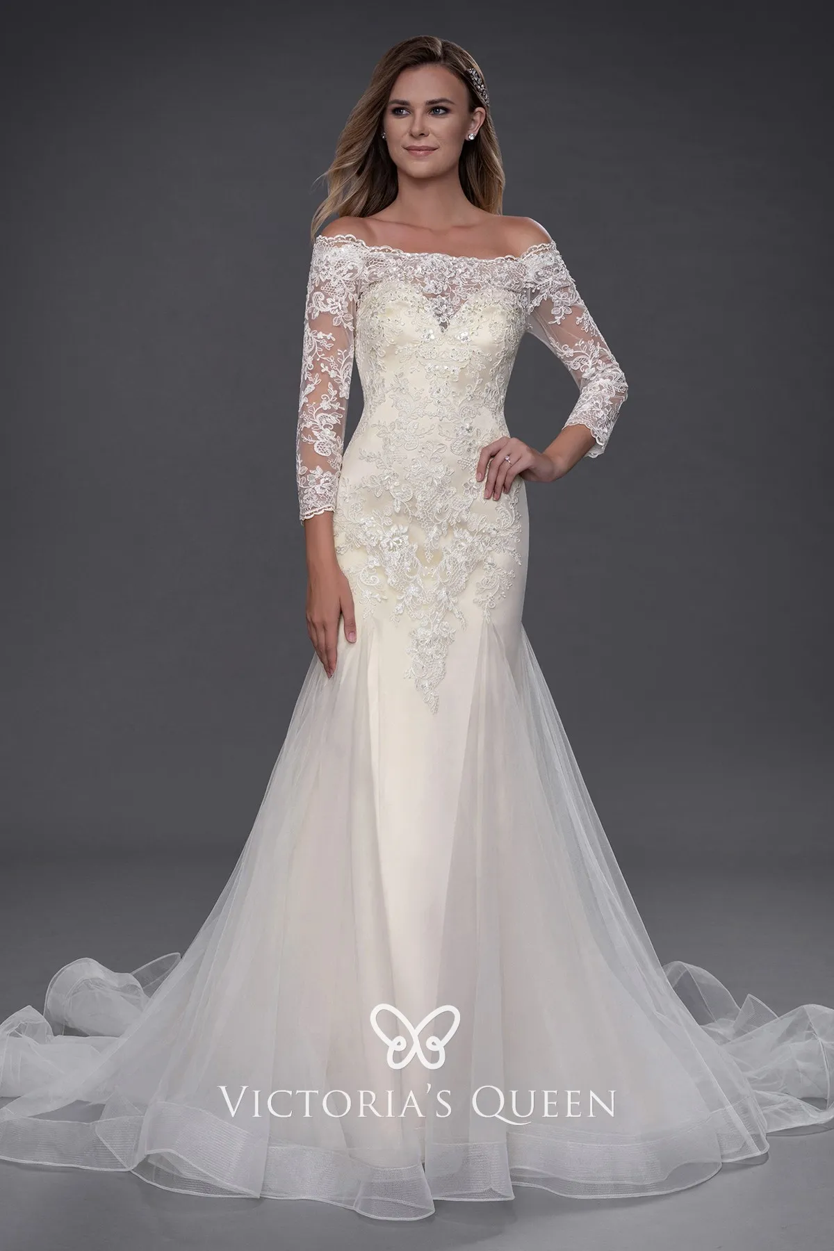Off-the-Shoulder 3/4 Sleeve Champagne Wedding Dress - VQ