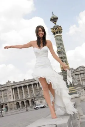 Unique white strapless asymmetrical ruffled high low bridal dress