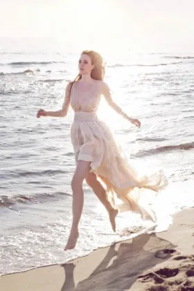 blush chiffon plunging sexy beach high low wedding dress with long sleeves