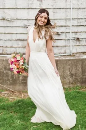 ivory chiffon plunging neckline with lace cap sleeve garden wedding dress