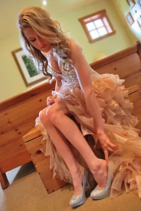 diamond crystals strapless sweetheart ruffled champagne organza bridal dress