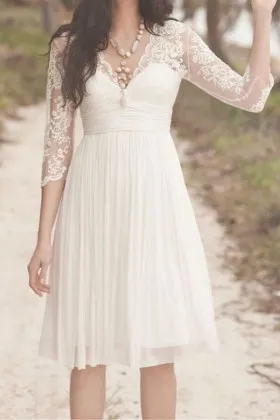 ivory lace and tulle scalloped V neck 34 sleeve destination bridal dress