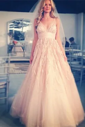 Sparkly embellished blush illusion plunging V neckline wedding gown