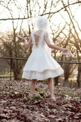 1950s vintage inspired tea length ivory satin and lace layered bridal dress