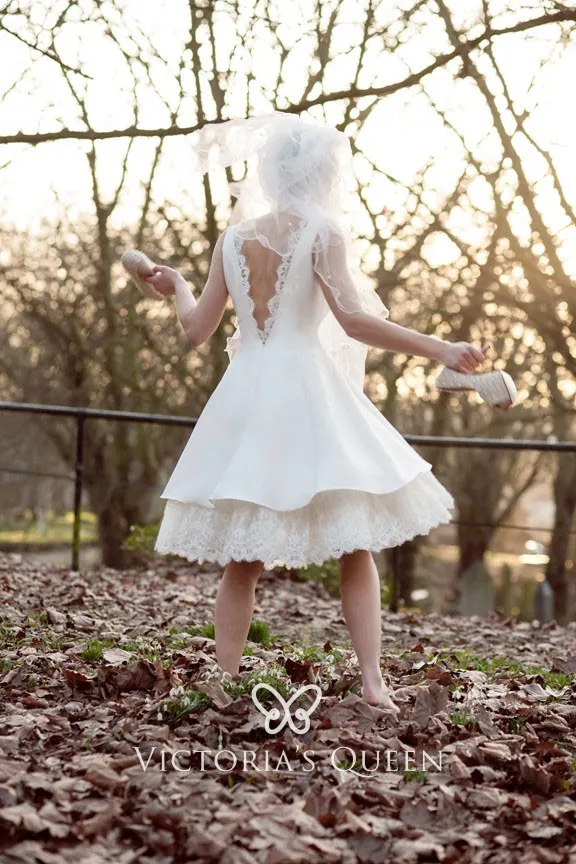1950s vintage inspired tea length ivory satin and lace layered bridal dress