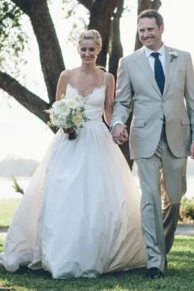 scalloped Ivory lace and taffeta outdoor wedding ball gown with spaghetti straps