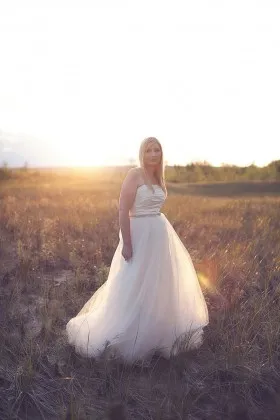 Ivory strapless satin and tulle puffy floor length destination wedding dress