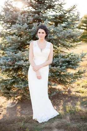1960s inspired vintage lace scalloped V neck sheath long bridal dress