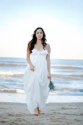 Ivory lace and chiffon empire waist spring beach bridal dress with spaghetti strap