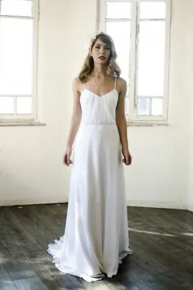 Spaghetti straps white chiffon A line sweep train informal wedding dress