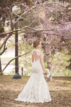Scalloped open back ivory lace V neck mermaid fall wedding dress