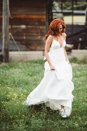 informal ivory low back deep V neckline with spaghetti straps fall wedding dress