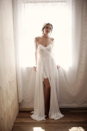 Sexy open back thigh high slit lace and tulle spaghetti straps summer wedding dress
