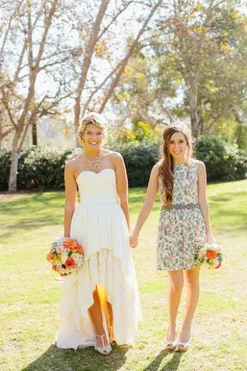Ivory strapless high low satin and lace bridal dress