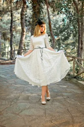 Ivory lace half sleeve tea length boat neckline destination wedding dress
