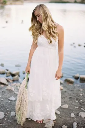 simple ivory lace appliqued tulle strapless sweetheart destination bridal dress