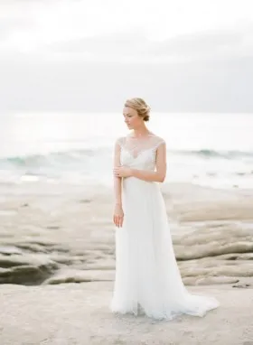 Illusion ivory lace and tulle V neck cap sleeve ethereal beach wedding dress