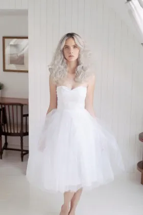 Strapless short white informal knee length satin and tulle bridal dress
