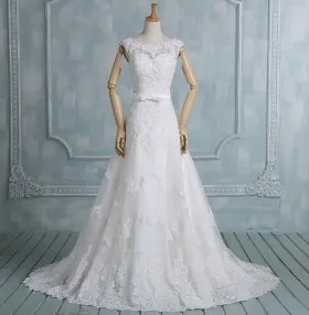 Elegant white lace full A line wedding dress illusion neckline cap sleeves