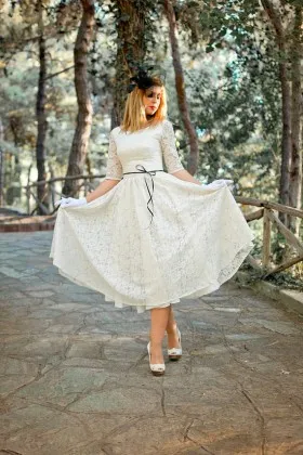 Ivory lace tea length rustic bridal dress with half sleeves