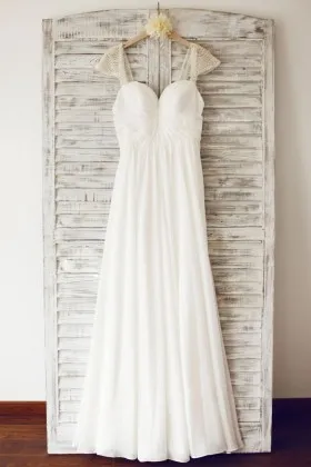 Charming sweetheart neckline with pearl cap sleeves white chiffon wedding dress