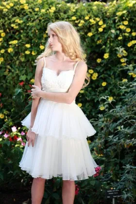 Cute yet trending ivory lace and tiered tulle short bridal dress