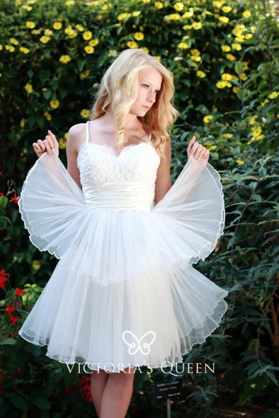 Cute Ivory Lace and Tiered Tulle Short Bridal Dress - VQ