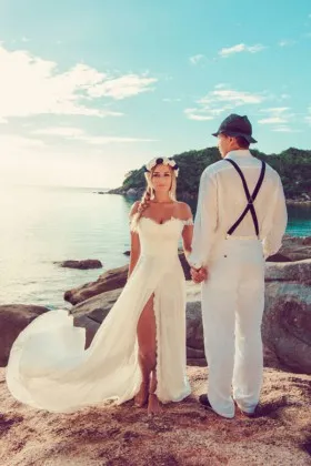 Scalloped off shoulder ivory lace and chiffon sexy slit beach wedding dress