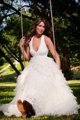 Ivory jersey and cascading ruffled tulle halter backless destination wedding dress
