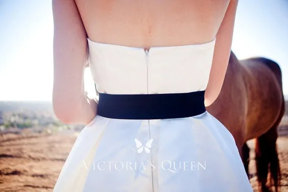 ivory satin low back destination bridal dress with Black belt ivory satin low back destination bridal dress with Black belt