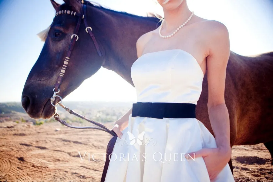 ivory satin simple knee length short bridal gown with Black belt ivory satin simple knee length short bridal gown with Black belt