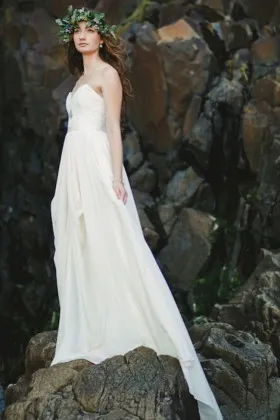 Ivory lace and chiffon strapless sweetheart A line long beach bridal gown