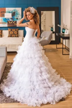 Lace up back tiered ruffled white organza romantic princess wedding gown