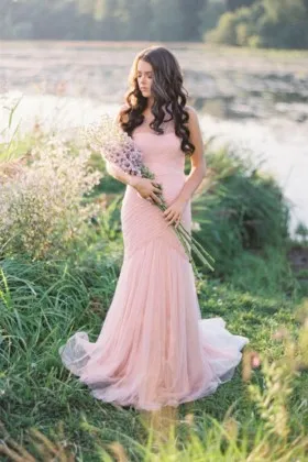 Romantic pleated pink tulle one shoulder trumpet long engagement dress