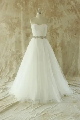 Simple strapless sweetheart pleated ivory tulle beaded sash wedding gown