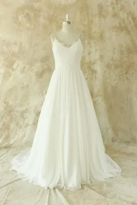 Alluring criss crossed pleated white chiffon beaded V neck long wedding dress