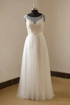 Simple ivory lace and tulle illusion neckline A line long wedding dress