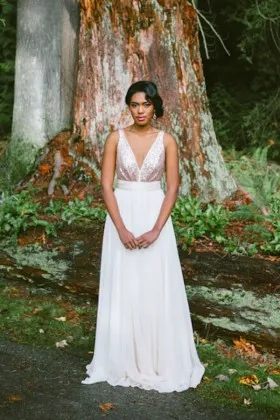 sparkly blush sequin and ivory chiffon plunging V neck A line bridal dress