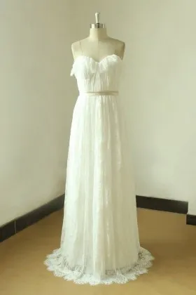 Uniquely designed sweetheart ivory lace wedding dress with spaghetti straps