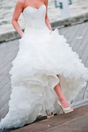 Stylish white ruffled organza beaded strapless sweetheart lace up wedding dress