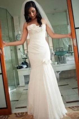 Fit and flare cute ivory 3D flowers embellished strapless draped wedding gown