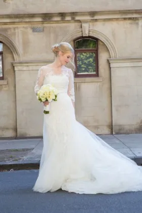 Ivory lace and tulle illusion 34 sleeve romantic chapel train wedding dress