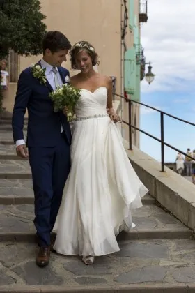 ruched strapless sweetheart ivory chiffon beaded simple A line wedding dress
