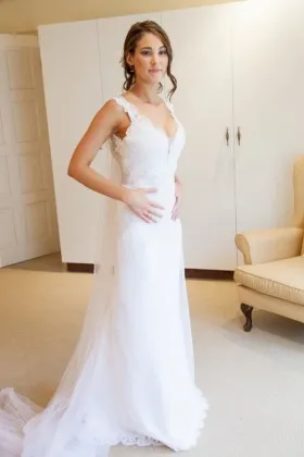 Gorgeous deep V neckline ivory lace satin and tulle beautiful wedding dress
